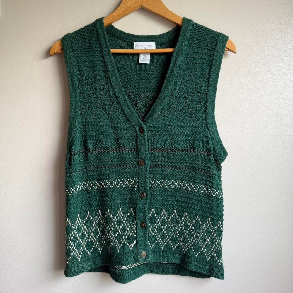80s 90s Green Textured Knit Sweater Vest Button Front Cottagecore size M